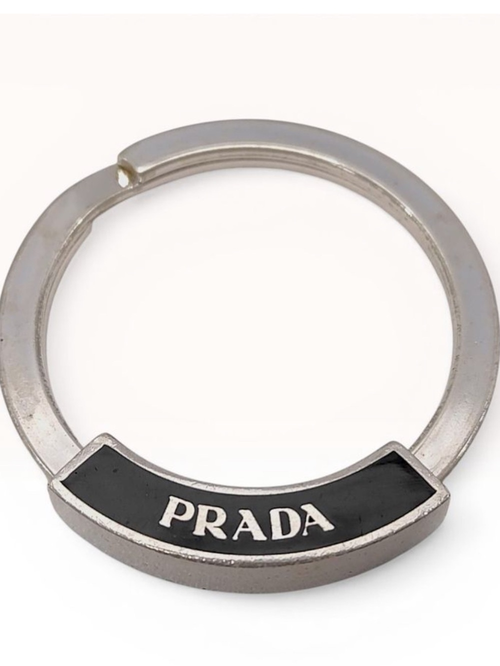 Prada Silver-Tone Black Enamel Logo Key Holder